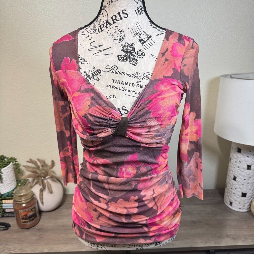 Vintage Y2k Cache Floral Mesh V-Neck Blouse Sz S 3/4 Sleeve Sheer Boho Stretch